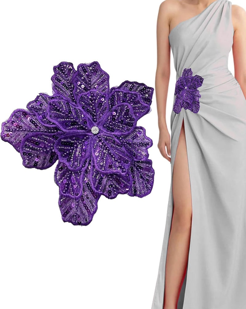 SAIXCCS 1pc Handmade Large Flower Rhinestone Applique for Clothes, Sparkly Sequin Beaded Patches for Wedding Dress, Embroidery Lace Sewing Patches for Bodice Hat Jean Jacket (Purple) - Image 1